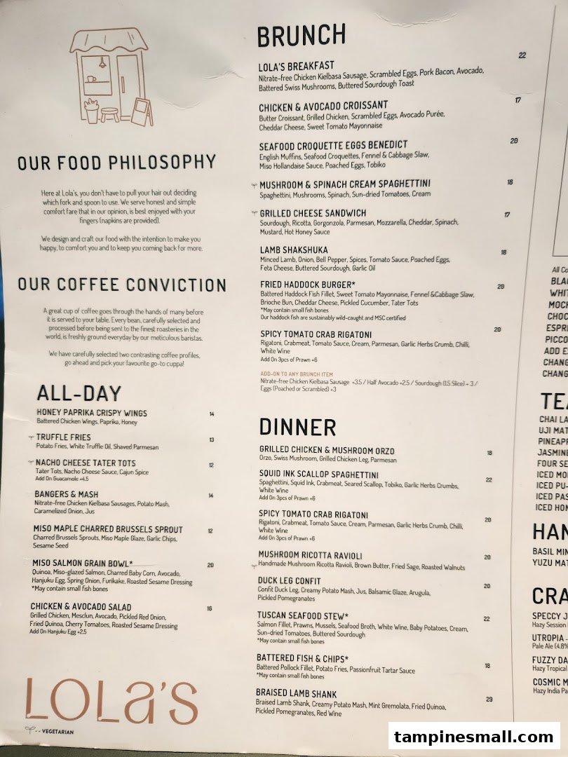 A comprehensive menu from Lola's, detailing brunch, all-day, and dinner offerings with prices.