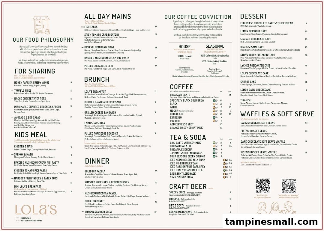 A comprehensive menu from Lola's, featuring a wide array of dishes, desserts, coffees, teas, and craft beers.