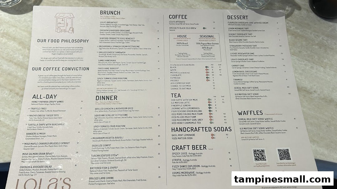 A detailed menu from Lola's, showcasing a wide range of brunch, all-day, dinner, coffee, tea, dessert, and waffle options.