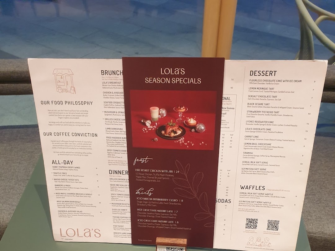 A detailed menu from Lola's, showcasing brunch, all-day, dinner, specials, desserts, and drinks.