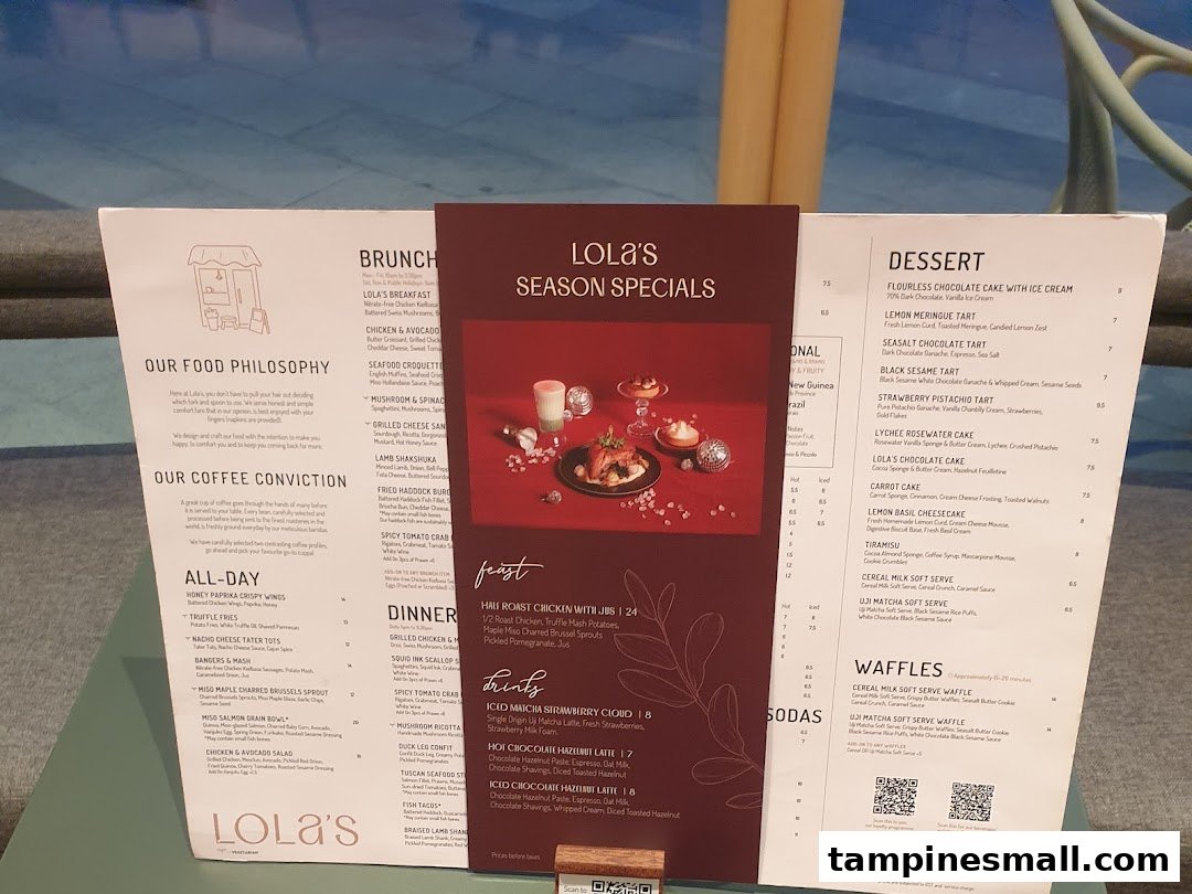 A detailed menu from Lola's, showcasing brunch, all-day, dinner, specials, desserts, and drinks.