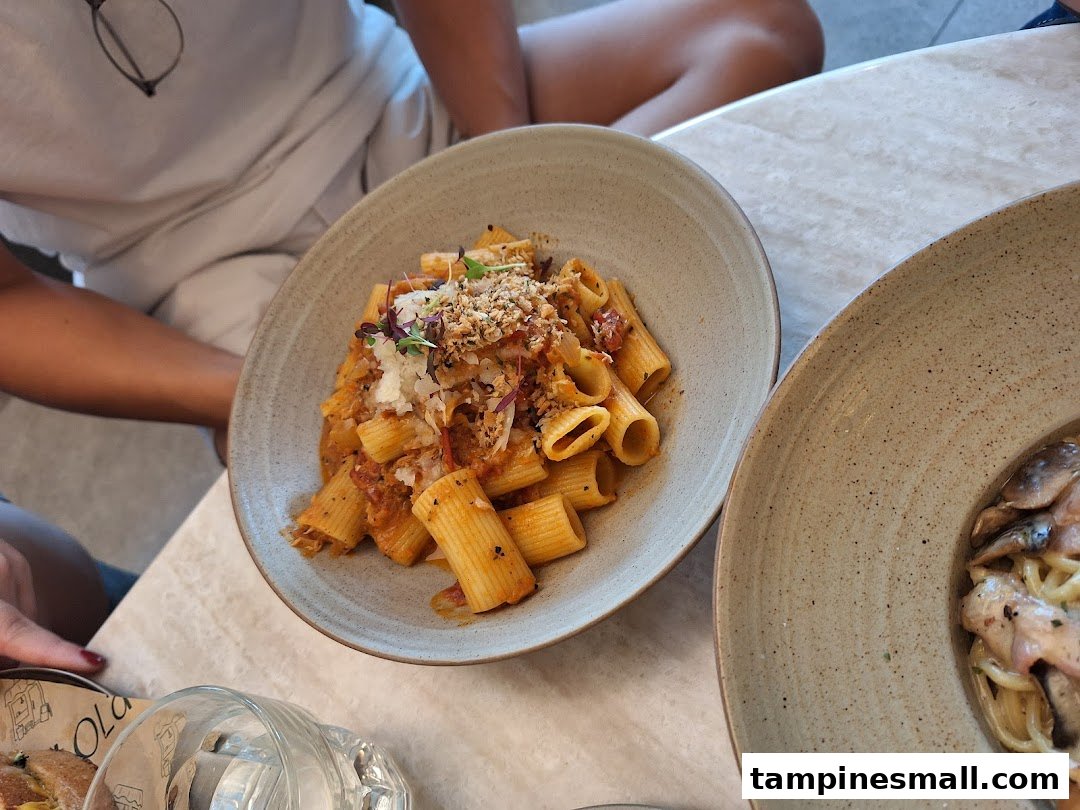 Two delicious pasta dishes, one with rigatoni and red sauce, served on a modern table.