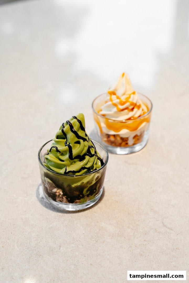 Two dessert cups, one green matcha with chocolate drizzle, one vanilla with caramel, on a light surface.