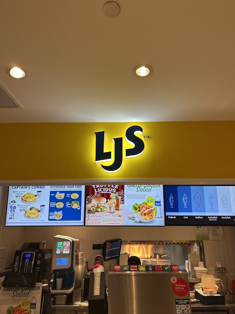Digital menu boards at Long John Silver's displaying combos, sides, and salads above the counter.