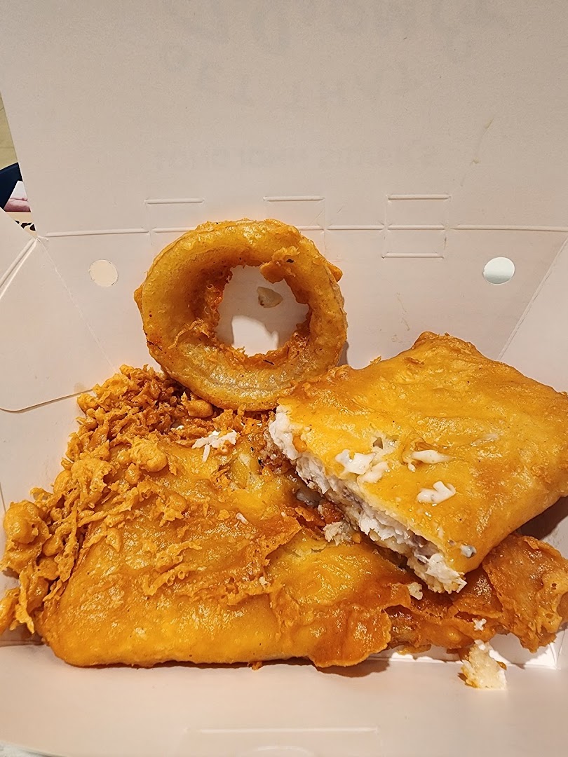 Golden-fried fish and crispy onion rings served in a takeout box from Long John Silver's.