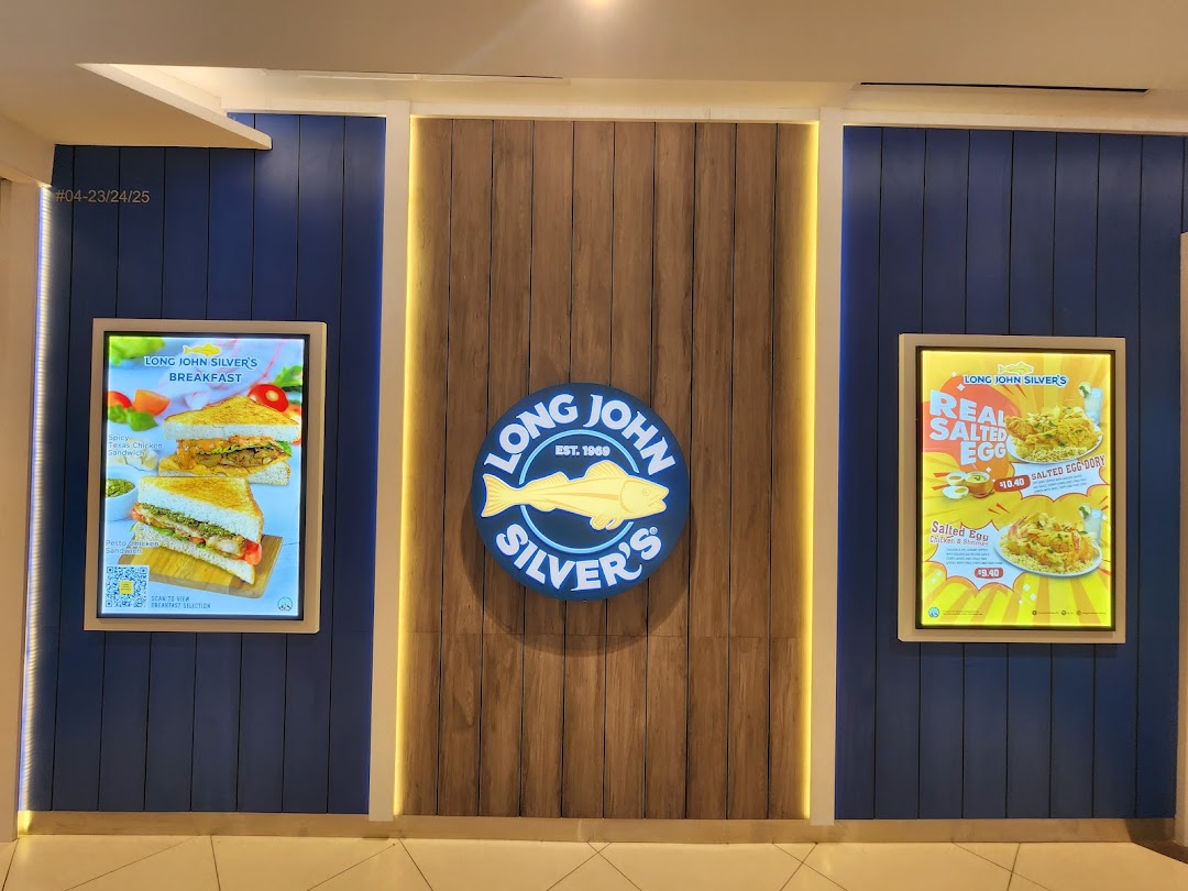 Interior wall of Long John Silver's featuring illuminated promotional menu displays for breakfast and salted egg dishes.