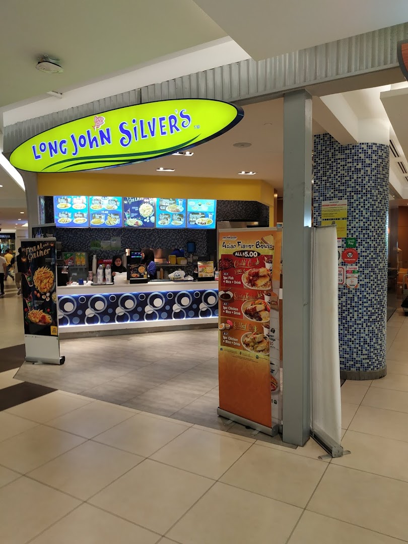 The vibrant entrance of Long John Silver's fast-food restaurant, featuring its counter and signage.