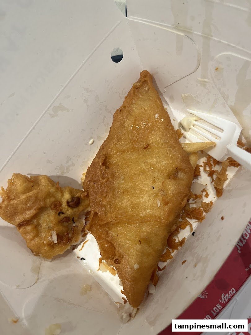 Close-up of golden-fried fish and a hushpuppy in a Long John Silver's take-out box.