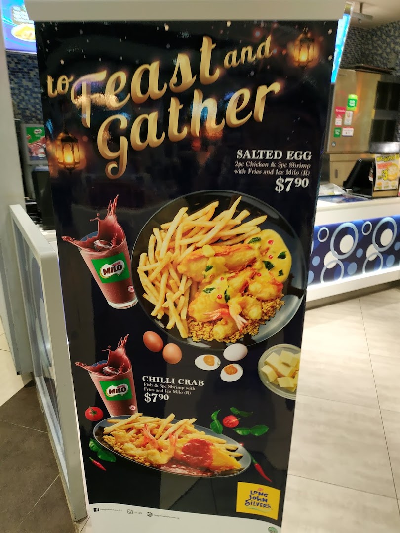 A promotional stand for Long John Silver's featuring Salted Egg and Chilli Crab meals with Milo.