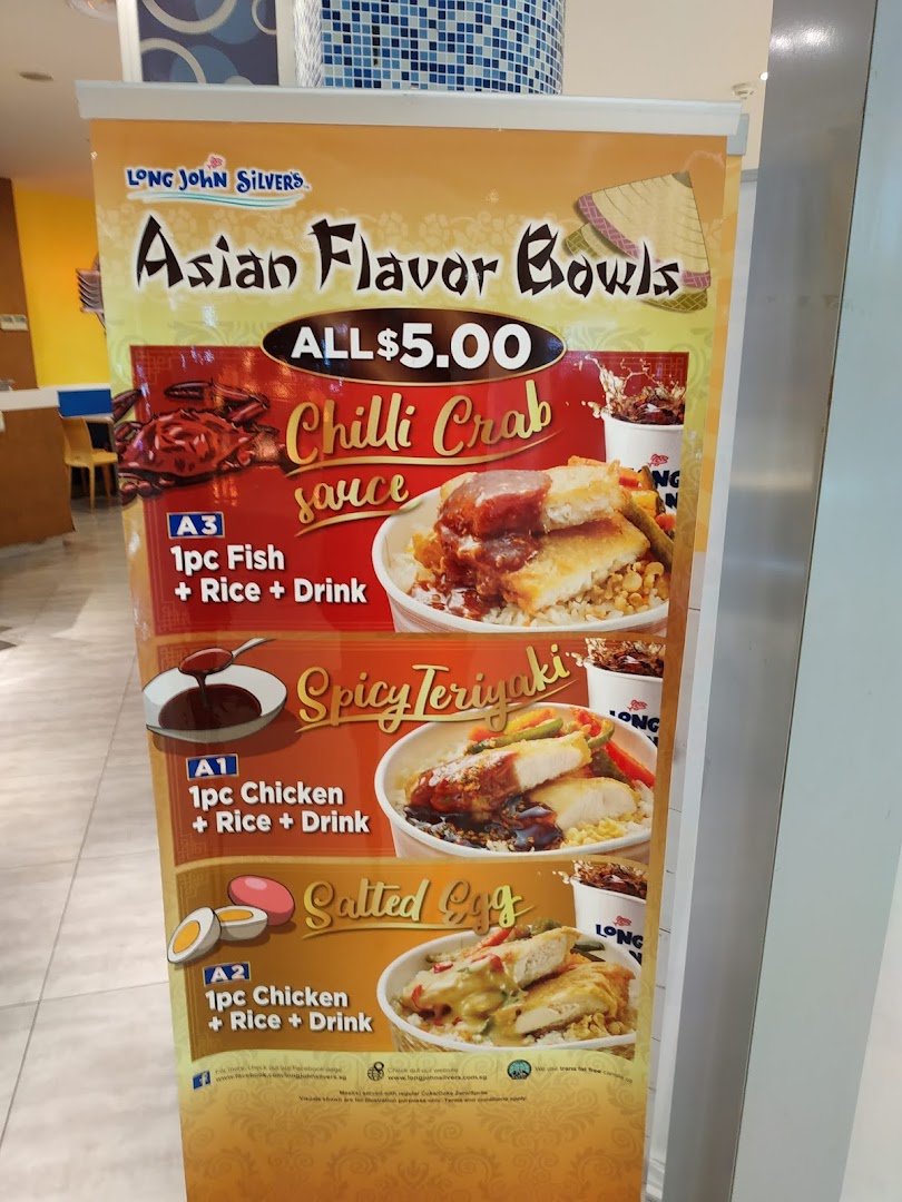 A promotional banner for Long John Silver's 'Asian Flavor Bowls' featuring Chilli Crab, Spicy Teriyaki, and Salted Egg options.
