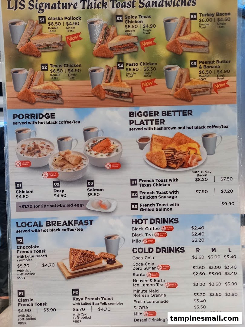 A detailed menu board displaying breakfast items, sandwiches, porridge, and various hot and cold beverages.