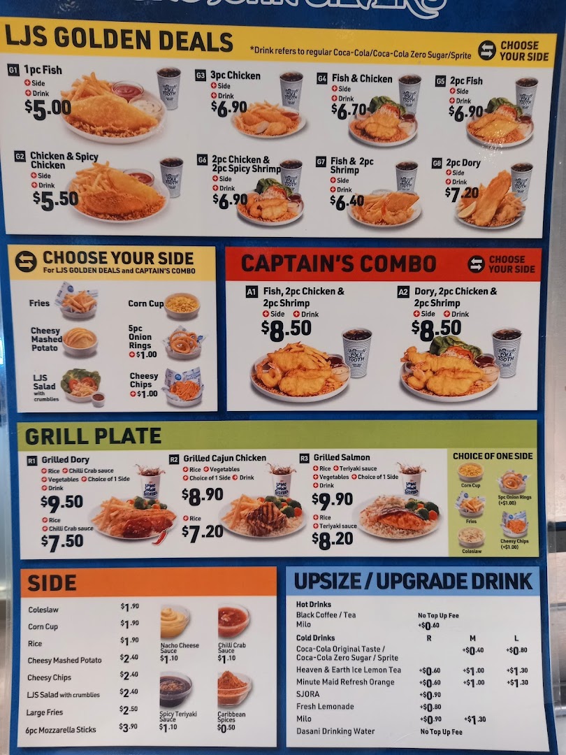 A detailed menu board for Long John Silver's, showcasing golden deals, combos, grill plates, sides, and drinks.