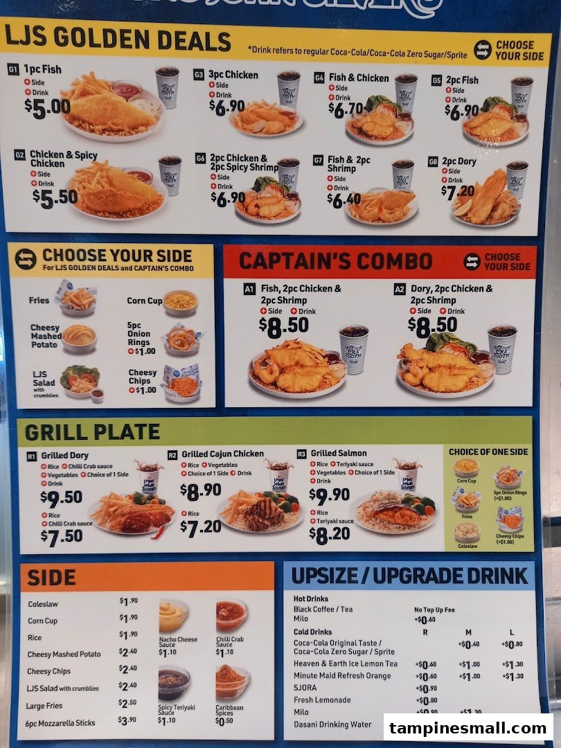 A detailed menu board for Long John Silver's, showcasing golden deals, combos, grill plates, sides, and drinks.