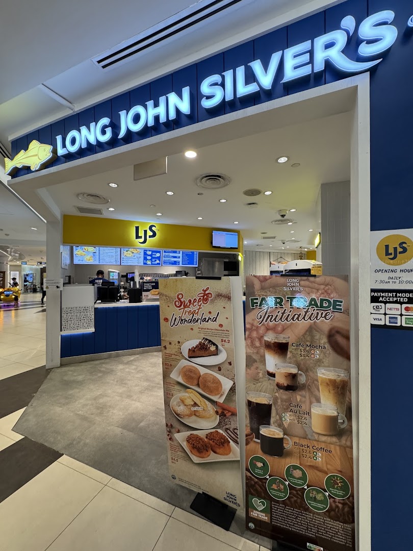 The entrance of Long John Silver's, featuring promotional standees for desserts and drinks.
