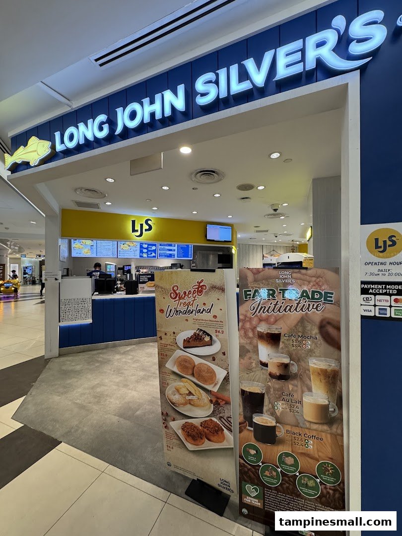 The entrance of Long John Silver's, featuring promotional standees for desserts and drinks.