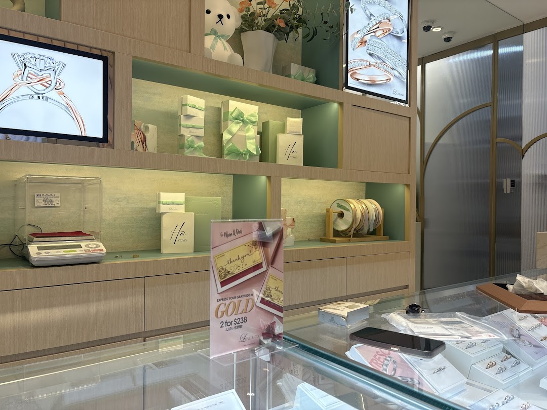 Interior view of Love & Co. jewelry store, showcasing engagement rings, wedding bands, and elegant displays.