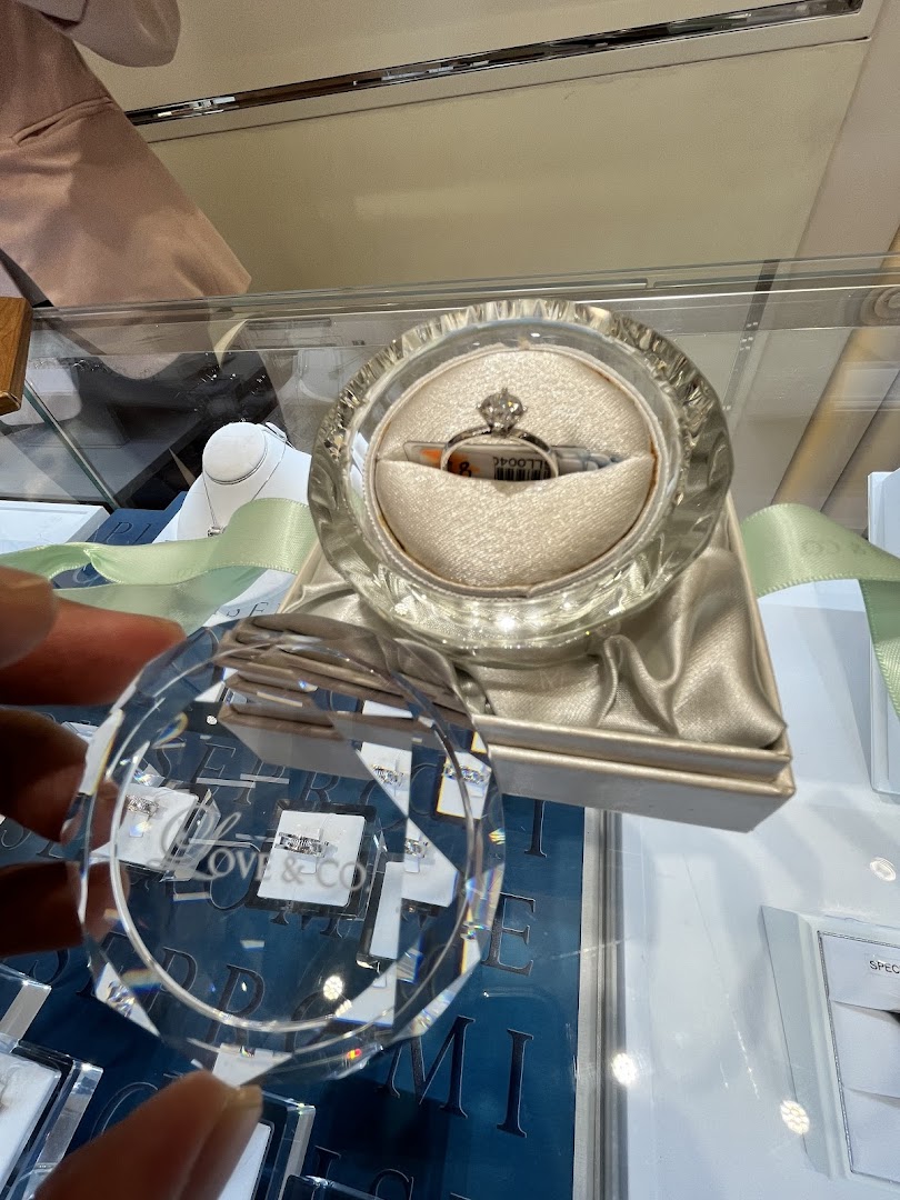 A close-up of a sparkling diamond engagement ring displayed in a clear holder at Love & Co.