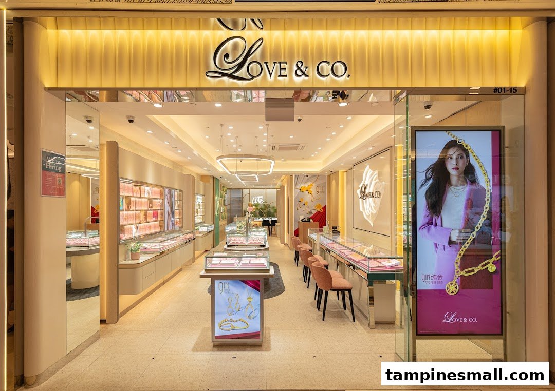Brightly lit shop front of Love & Co. jewelry store, showcasing engagement rings and wedding bands.