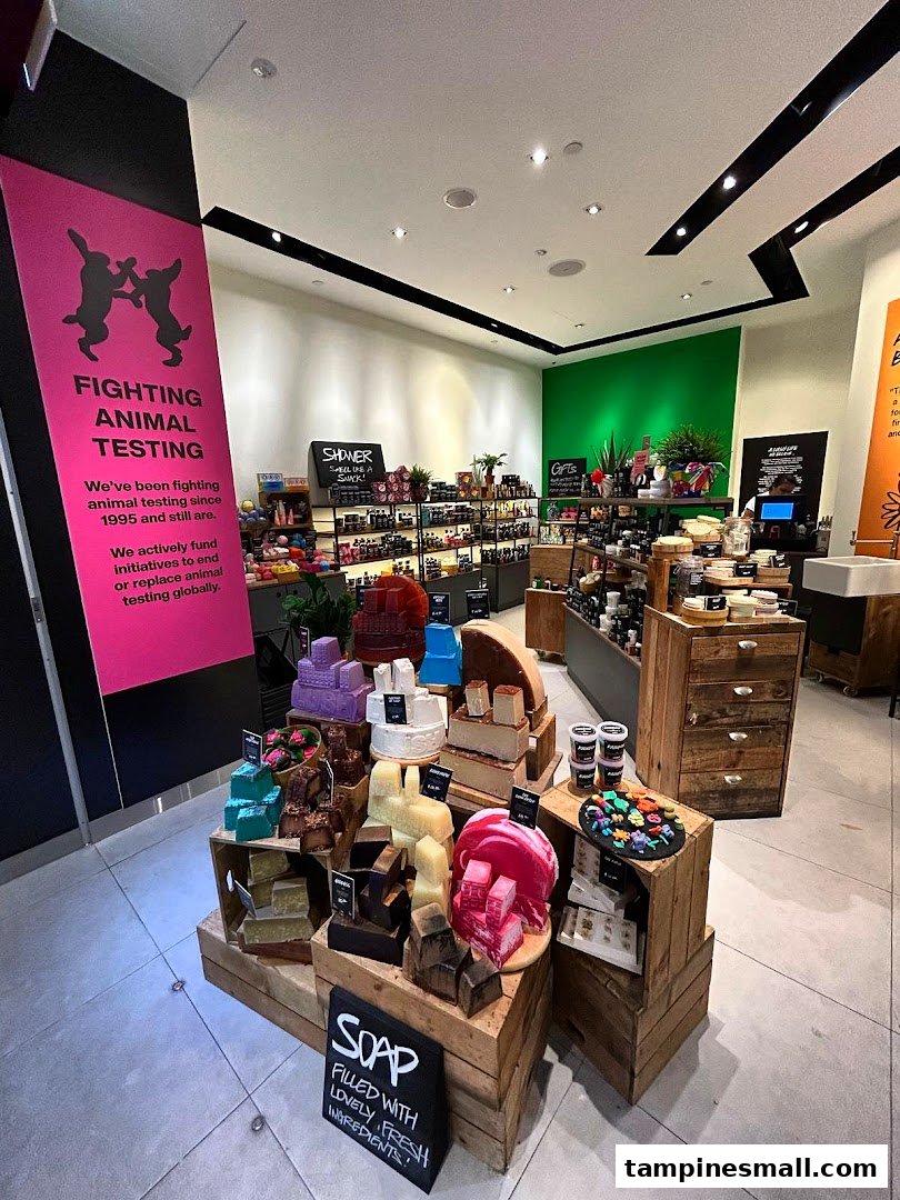 An interior view of Lush Fresh Handmade Cosmetics, showcasing colorful soaps and ethical messaging.