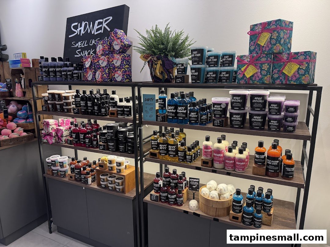 An interior shot of Lush Fresh Handmade Cosmetics, showcasing a vibrant display of bath and body products on wooden shelves.