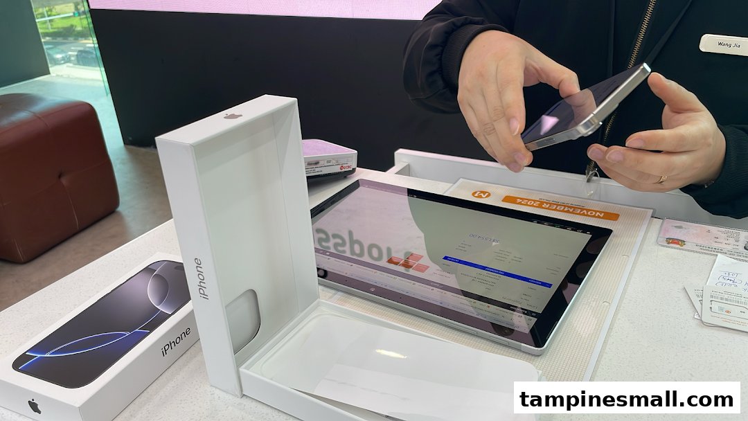 A staff member assists a customer with a new iPhone, showcasing the device and its packaging.