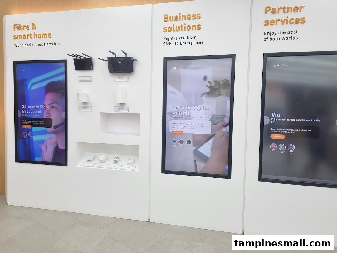 A retail display showcasing M1's fibre broadband, smart home devices, business solutions, and partner services.