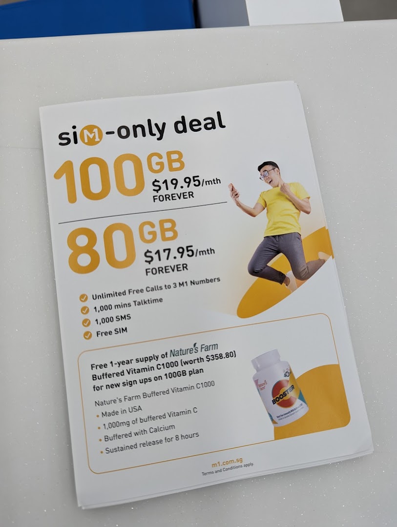 A promotional flyer for M1 SIM-only deals, featuring data plans and a special vitamin offer.