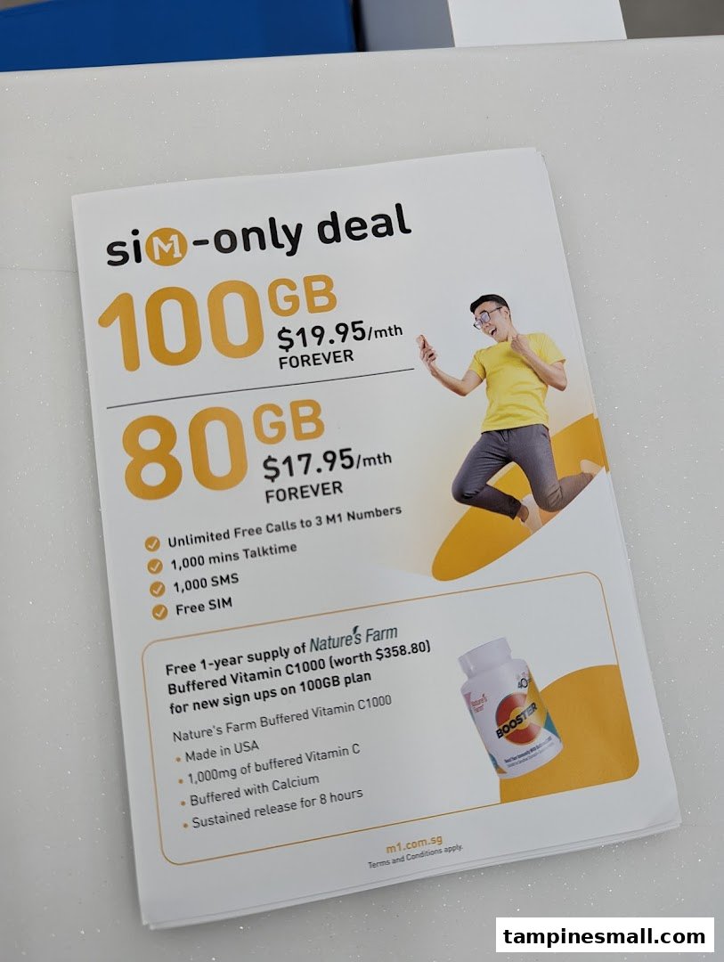 A promotional flyer for M1 SIM-only deals, featuring data plans and a special vitamin offer.