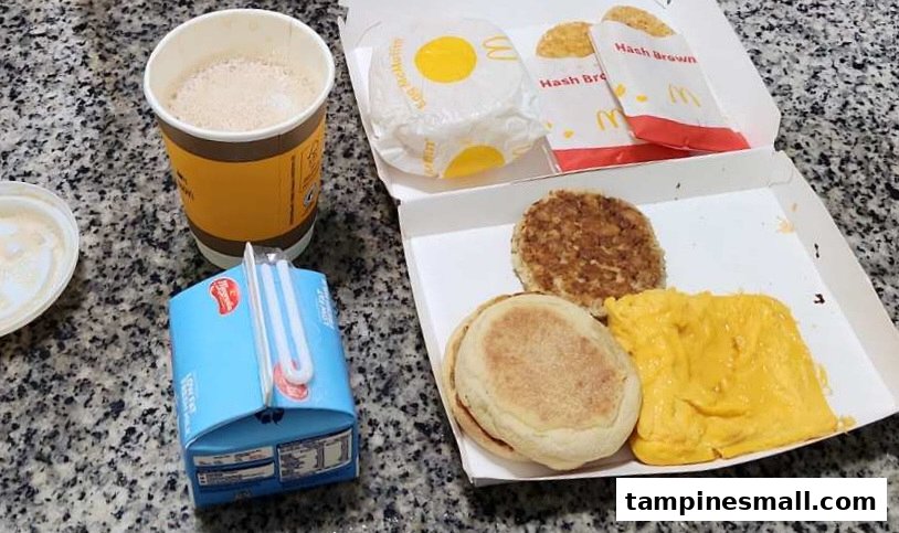 A McDonald's breakfast spread featuring coffee, milk, hash browns, and an open McMuffin meal.