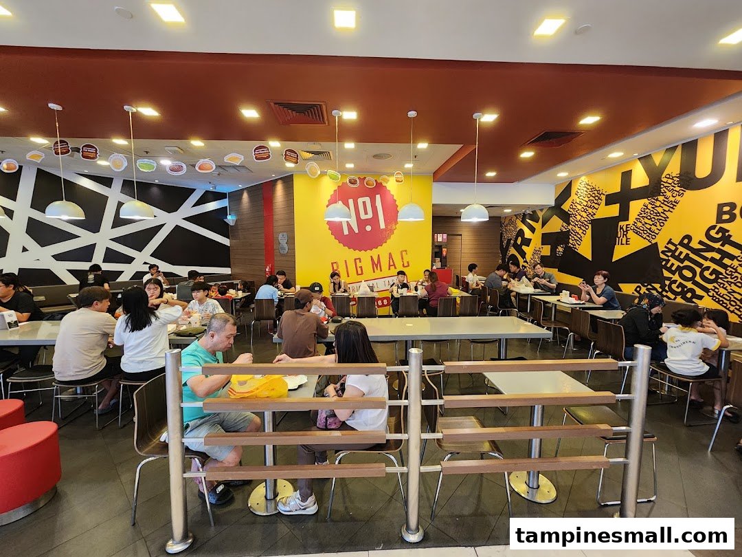 A bustling McDonald's dining area with customers enjoying meals at various tables.