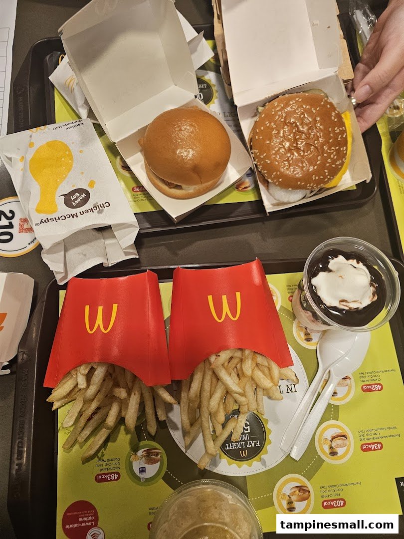A McDonald's meal featuring burgers, fries, and dessert on a tray.