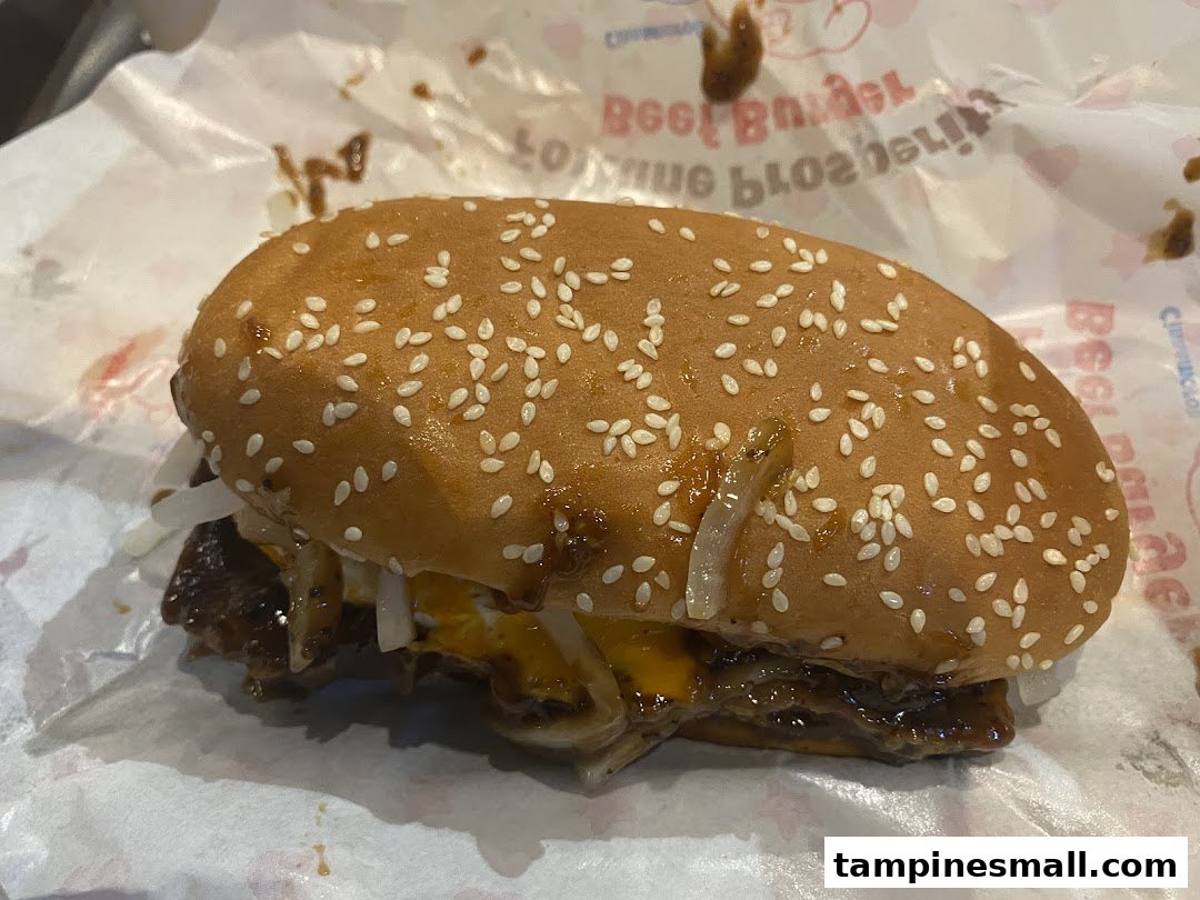 A close-up shot of a delicious-looking burger with sesame seeds, onions, and sauce on a wrapper.