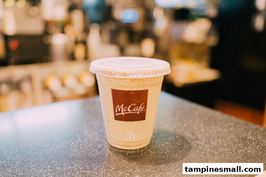A McCafe beverage in a clear cup with a lid, sitting on a speckled counter.
