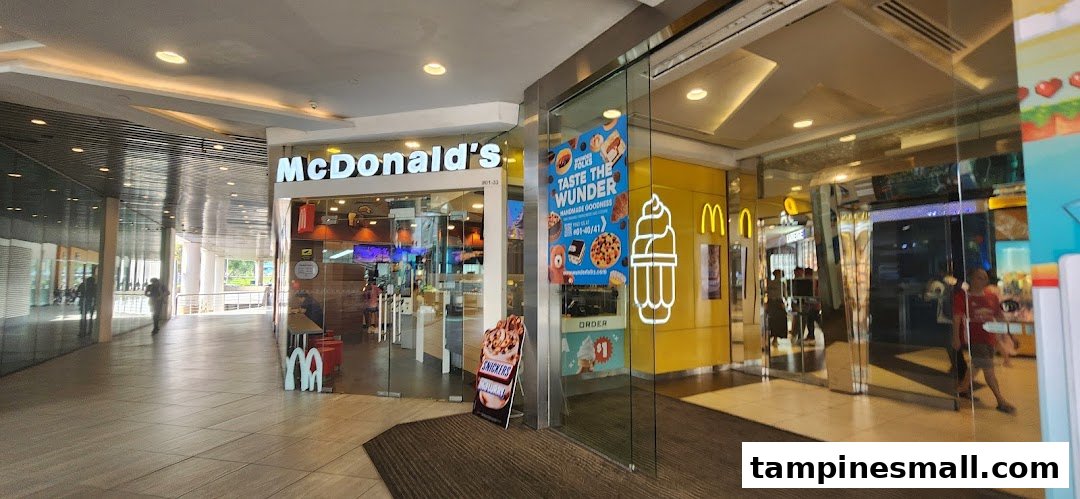 The storefront of McDonald's at Tampines Mall, featuring its entrance and promotional displays.