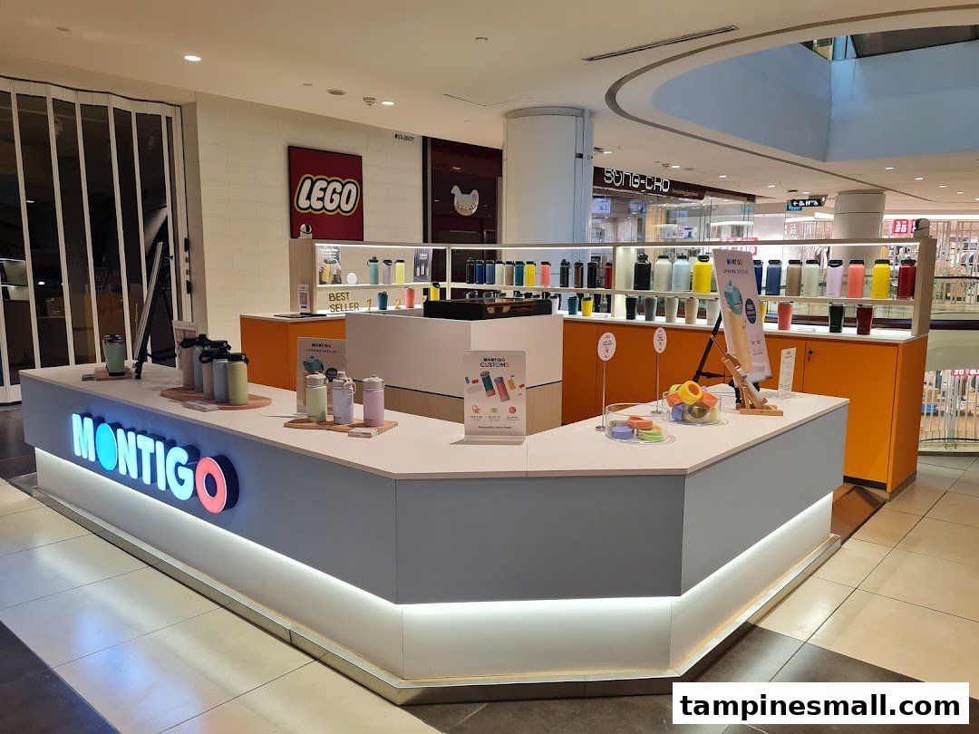 A Montigo retail kiosk showcasing a wide array of colorful tumblers and hydration bottles.