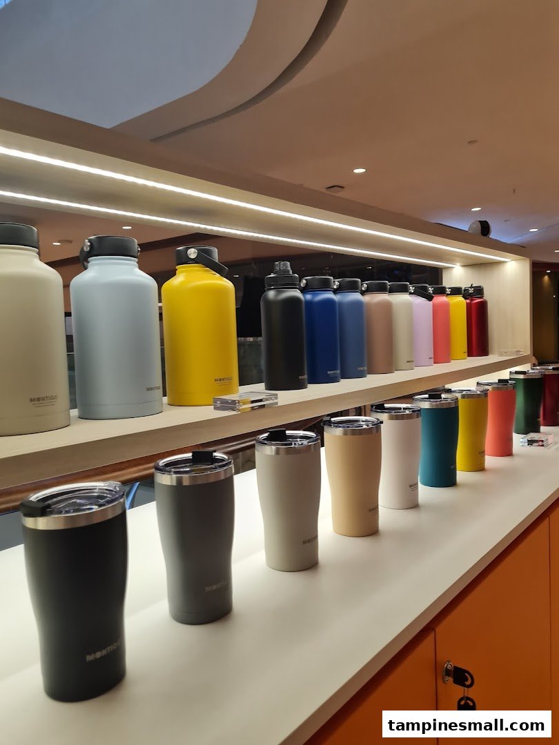 A vibrant display of Montigo insulated bottles and tumblers in various colors and sizes.