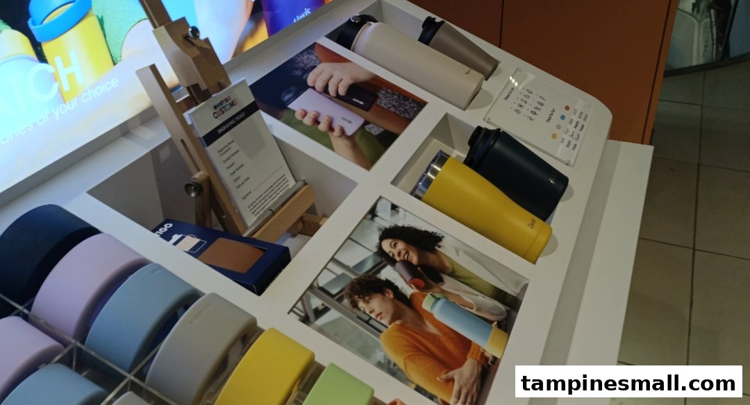 A retail display showcasing Montigo's colorful water bottles, tumblers, and customization options.