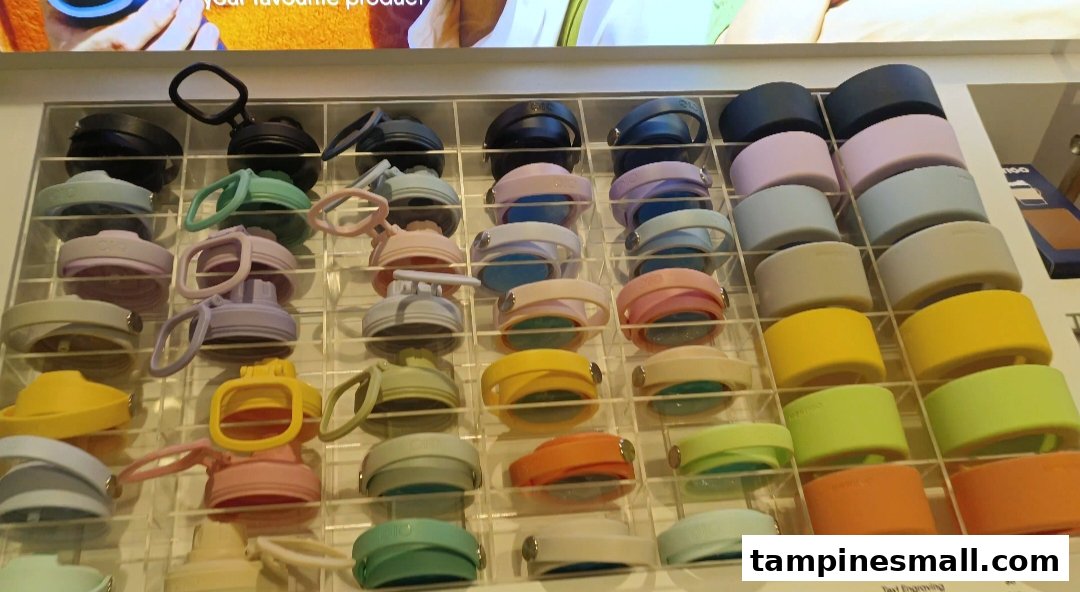 A vibrant display of colorful bottle accessories and lids, showcasing Montigo's diverse product range.