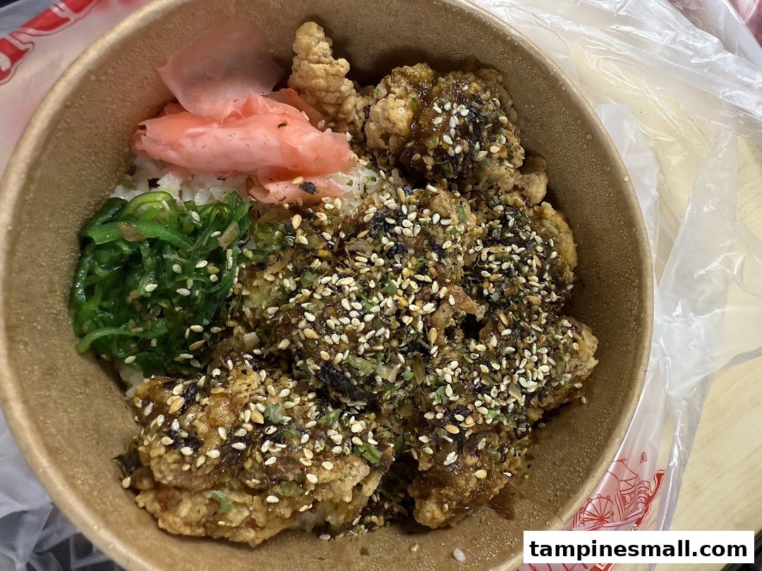 A close-up of a delicious fried chicken rice bowl with seaweed and pickled ginger.