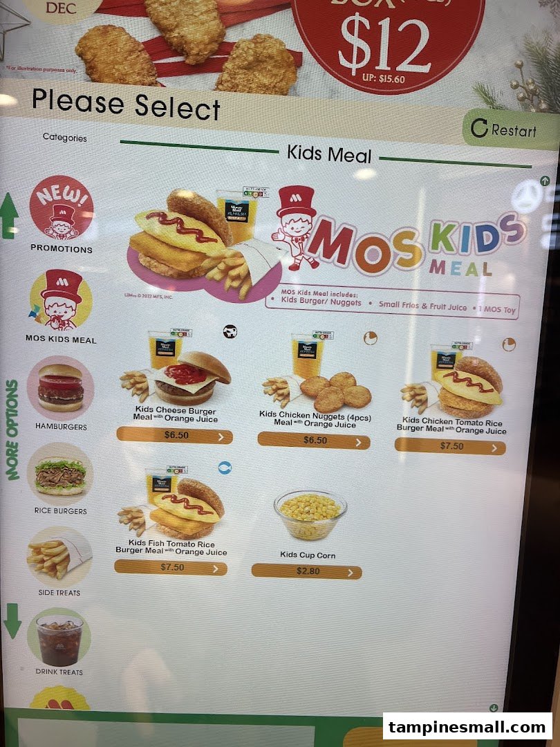 A digital menu screen at MOS Burger, displaying various Kids Meal options and prices.