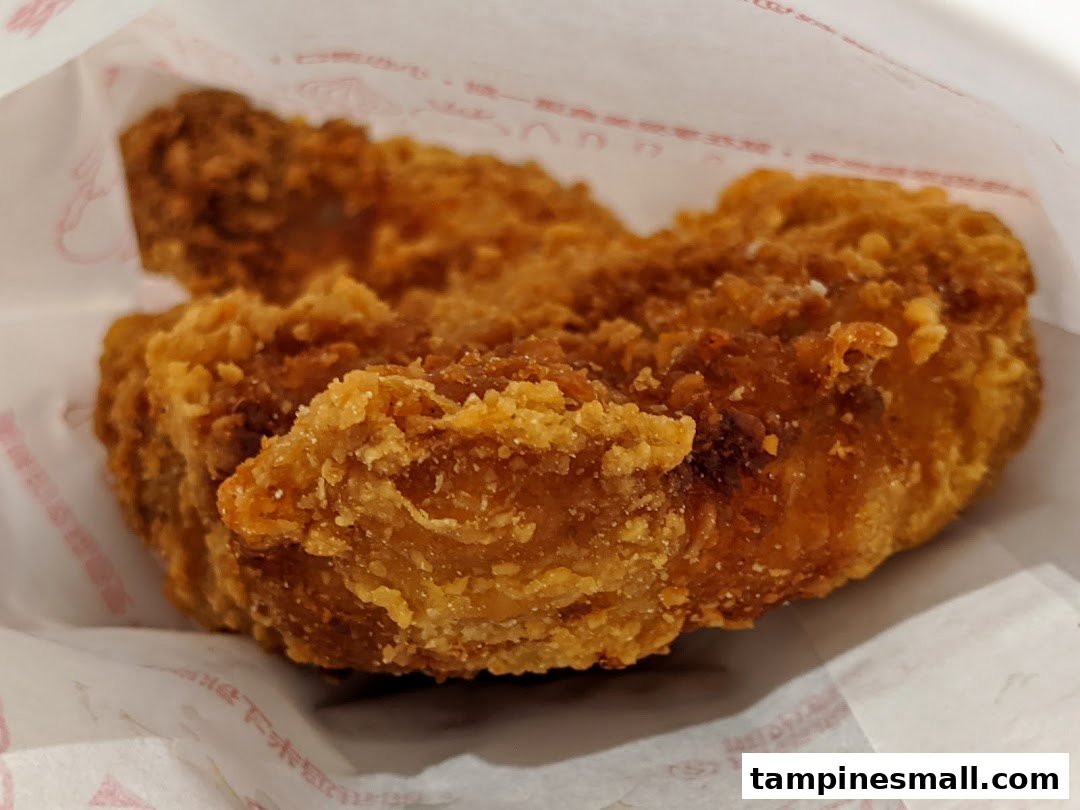 Close-up of a golden-brown piece of crispy fried chicken in a paper bag.