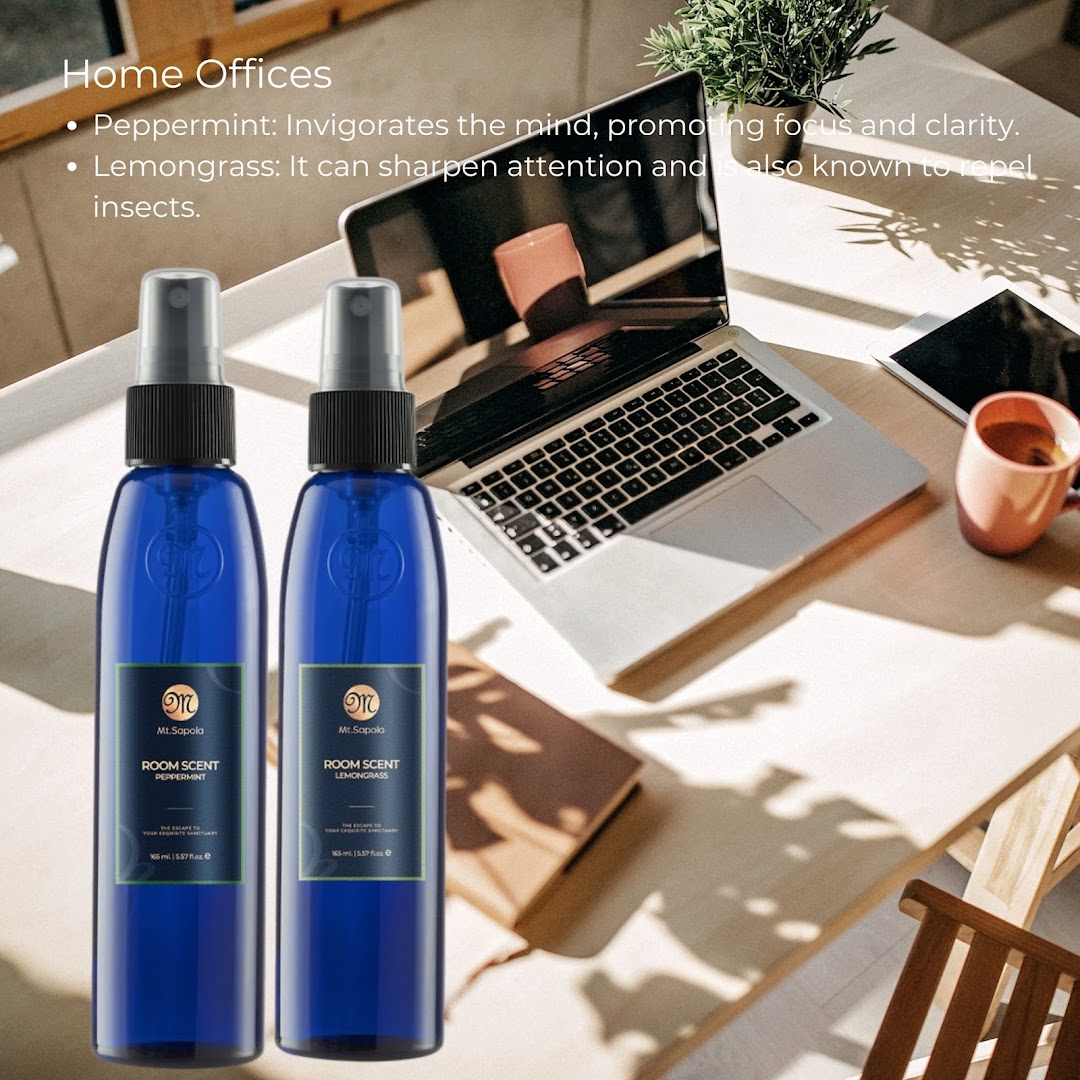 Two Mt.Sapola room scent bottles, Peppermint and Lemongrass, on a home office desk.