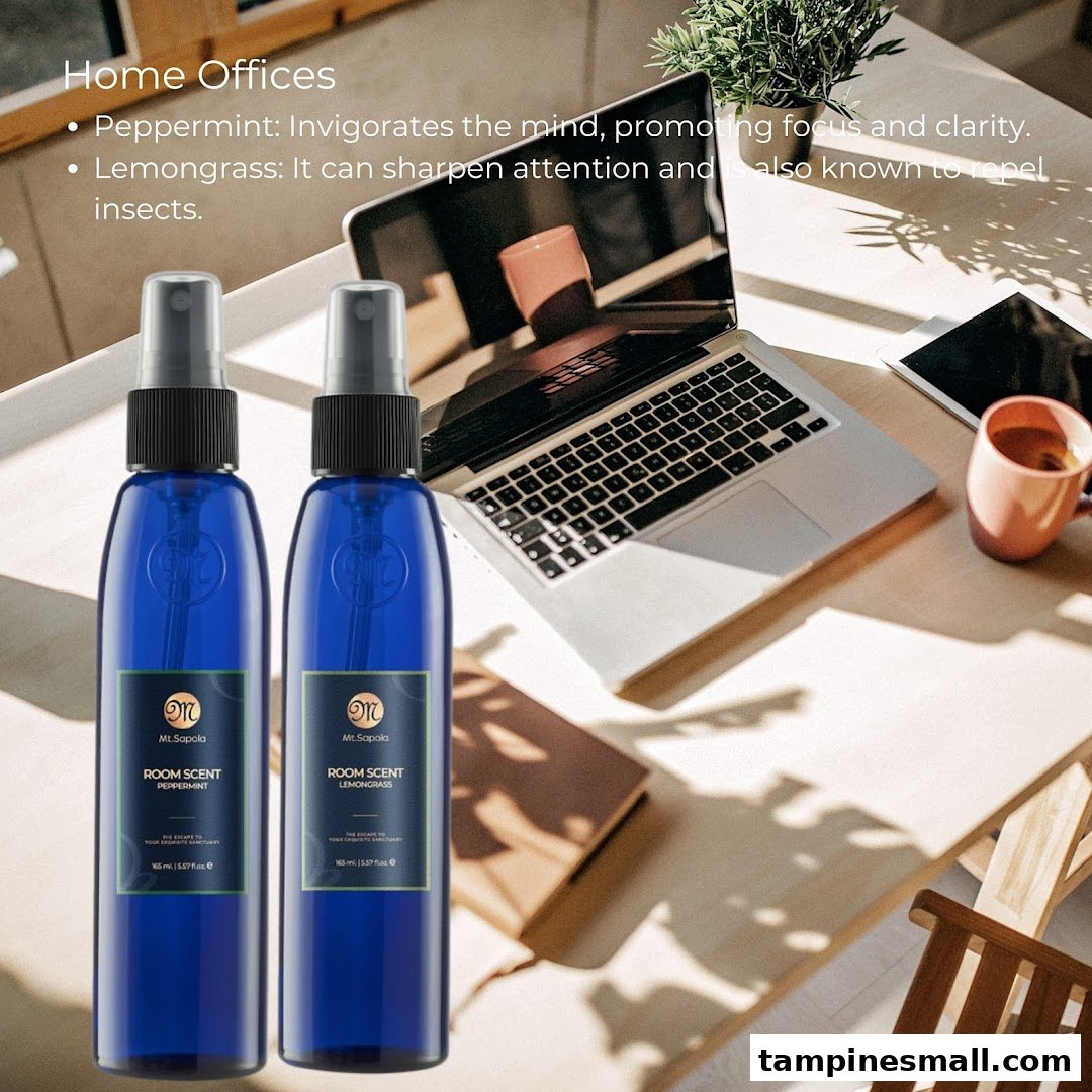 Two Mt.Sapola room scent bottles, Peppermint and Lemongrass, on a home office desk.
