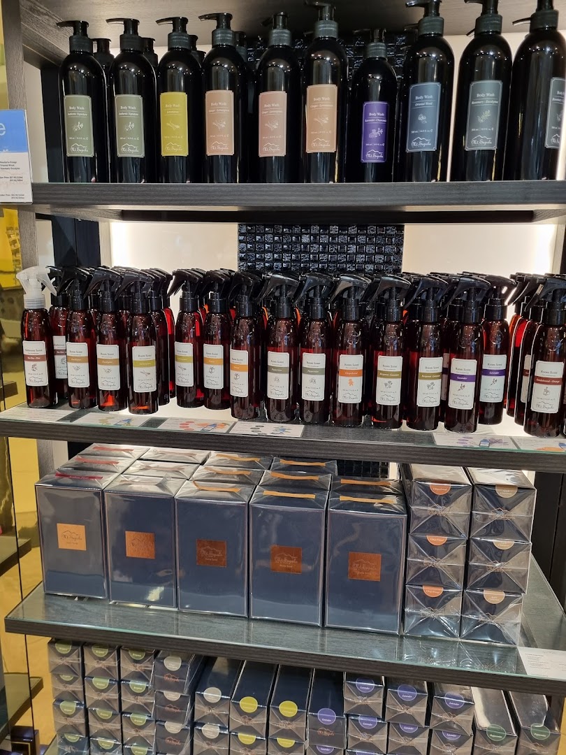 Shelves displaying a variety of Mt.Sapola body wash, room scents, and boxed products.