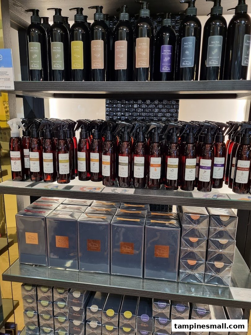 Shelves displaying a variety of Mt.Sapola body wash, room scents, and boxed products.