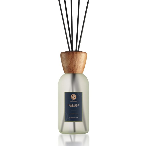 A Mt.Sapola Home Scent Bergamot diffuser with reeds in a frosted glass bottle.