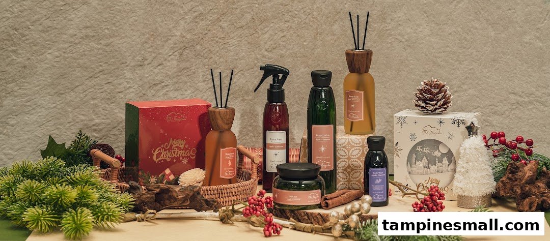 A festive display of Mt.Sapola aromatherapy and body care products with Christmas decorations.
