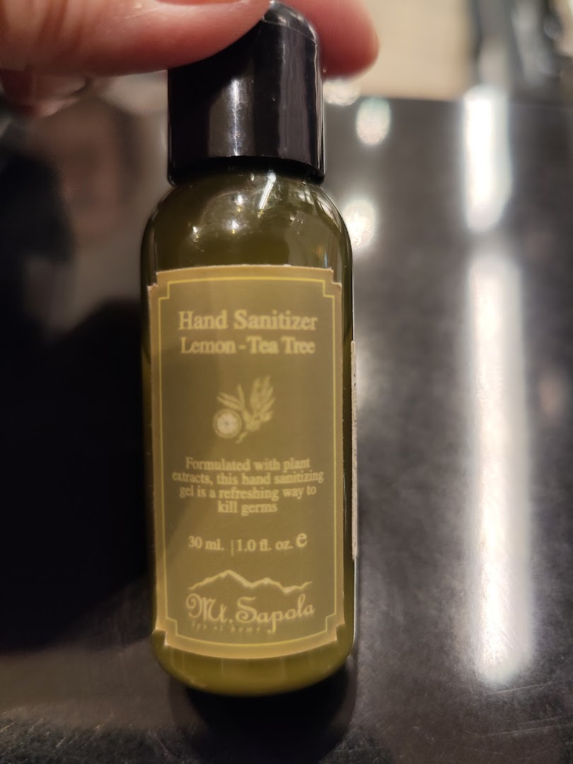 Close-up of a Mt.Sapola Lemon-Tea Tree Hand Sanitizer bottle, highlighting its natural formulation.