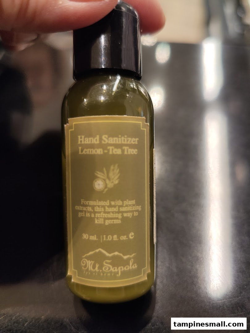 Close-up of a Mt.Sapola Lemon-Tea Tree Hand Sanitizer bottle, highlighting its natural formulation.
