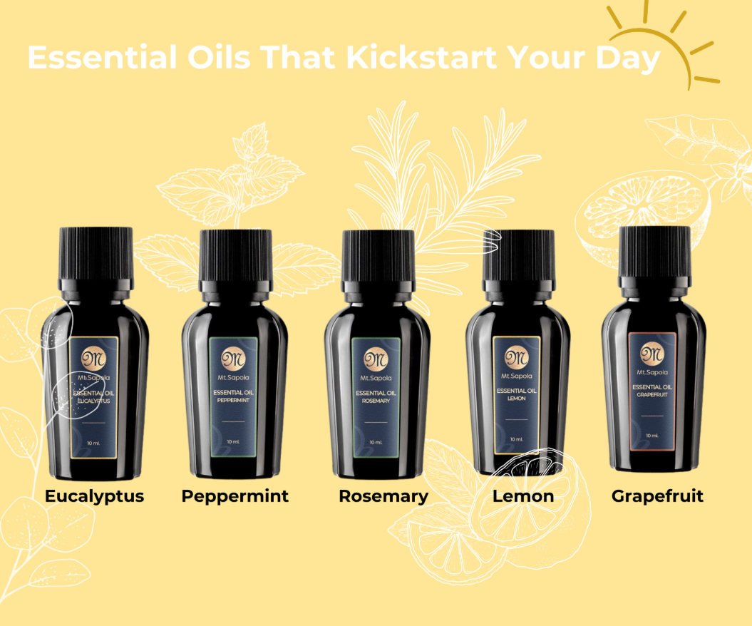 Five bottles of Mt.Sapola essential oils in various scents are displayed.